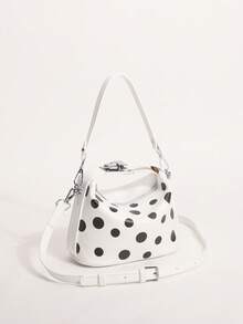 1pc High-End Black & White Contrast Polka Dot Fashion Dumpling Bag, Large Capacity Women's Handbag, Elegant Shoulder Crossbody Bag - White - View 7