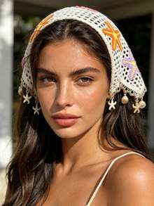 1pc Mermaid Core Ocean Style Handmade Hollow Crochet Triangle Headband, Starfish & Shell Embroidery Pendant Tassel Mesh Headscarf, Saudi Girl Headwrap Inner Layer, Beach Vacation Vibe Hair Accessory - Multicolor - View 2