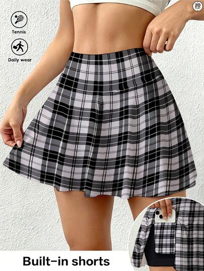 Women's Athleisure Casual High Waist Skort With Phone Pocket,Minimalist Printed Shorts Back To School Outfits Black And White Plaid Pattern