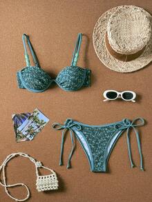 Bikinx Set Bikini Wanita Bertekstur dengan Tali Bahu Tipis Berhiaskan Manik-Manik dan Desain Ikat Belakang, Cocok untuk Liburan Pantai Musim Panas - Dark Green - View 6