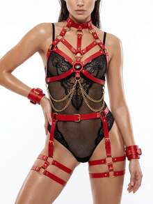 1 Set Women's Sexy Fashion Full Body Corset Waist Chain Belt With Garter Straps, Gothic Style, Suitable For Holiday Parties (Handcuffs Not Included) - Red - View 2