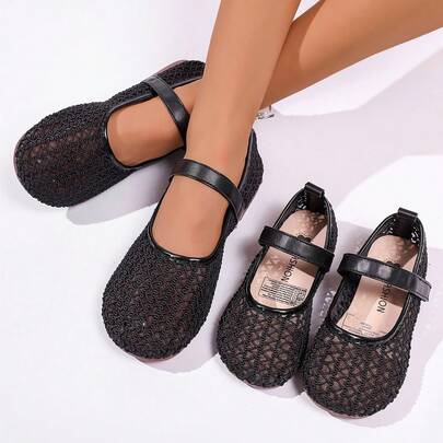 1 Pair Girls' Black Woven Crochet Hollow Mesh Breathable Mary Jane Flat Shoes, Premium PU One-Strap Hook & Loop Princess Style Cute Design, Suitable For Girls' All-Season Daily Home Outdoor Casual Holiday Party