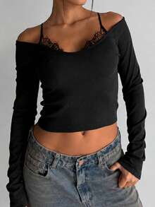 Kaos Lengan Panjang Wanita Model Bahu Terbuka, Desain Kamisol Berlapis Renda Bergaris, Atasan Pendek Pas Badan, Gaya Jalanan Y2K 2 in 1 - Hitam - View 7