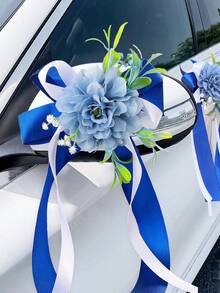 Multi-Colored Wedding Car Decoration, Featuring Simulated Broken Peony Bowknots Paired With Long Satin Ribbons, Elegant Rearview Mirror Floral Decorations, And Wedding Ceremony Supplies - 1PC - View 2