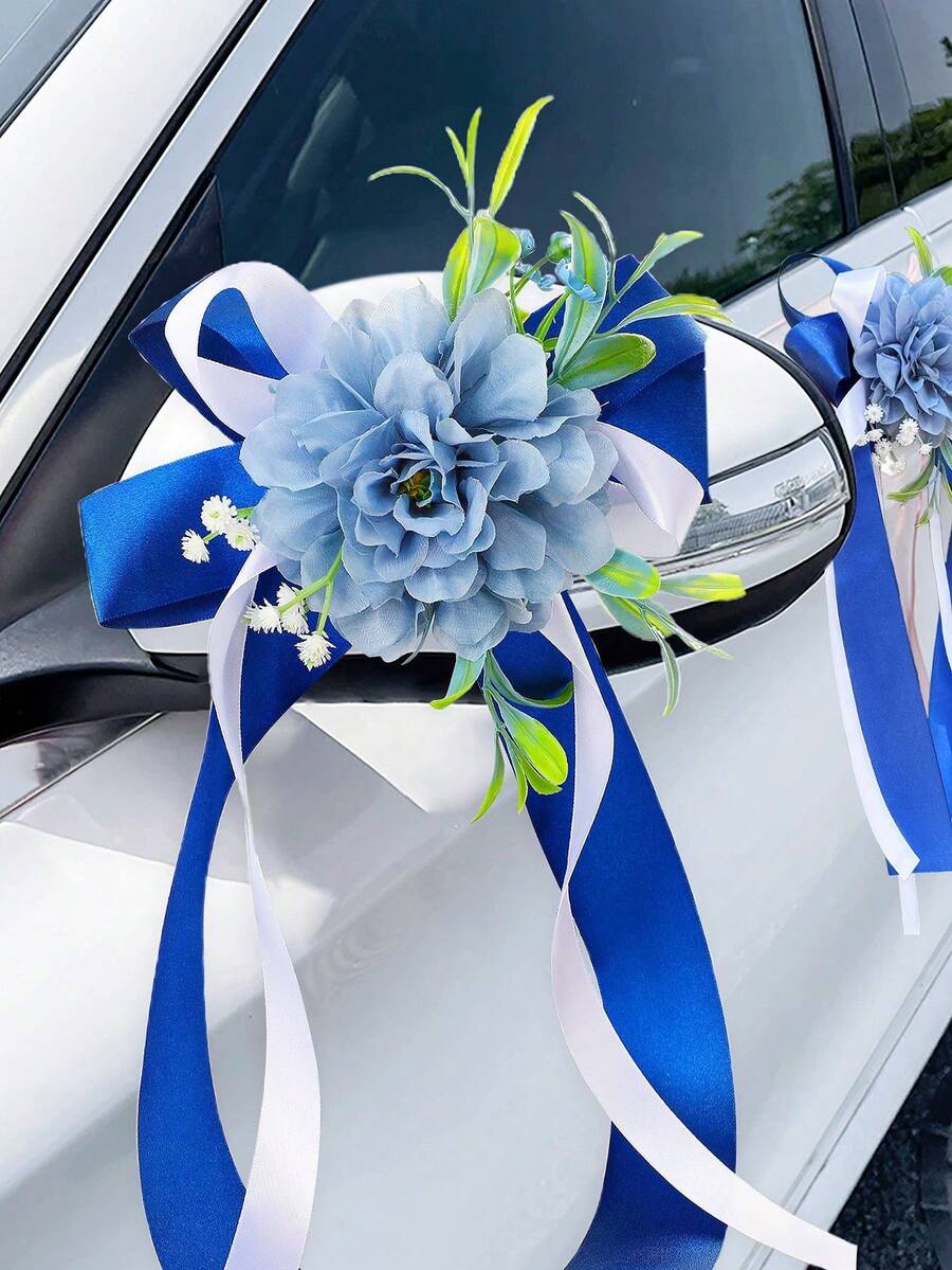 Multi-Colored Wedding Car Decoration, Featuring Simulated Broken Peony Bowknots Paired With Long Satin Ribbons, Elegant Rearview Mirror Floral Decorations, And Wedding Ceremony Supplies