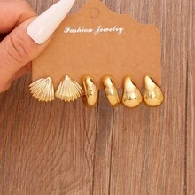 1 Set Golden Plated Textured Earring Set, Shell/Teardrop/Twist Design Statement Earrings For Women, Daily & Party Wear Fashion Jewelry - Yellow Gold - View 6