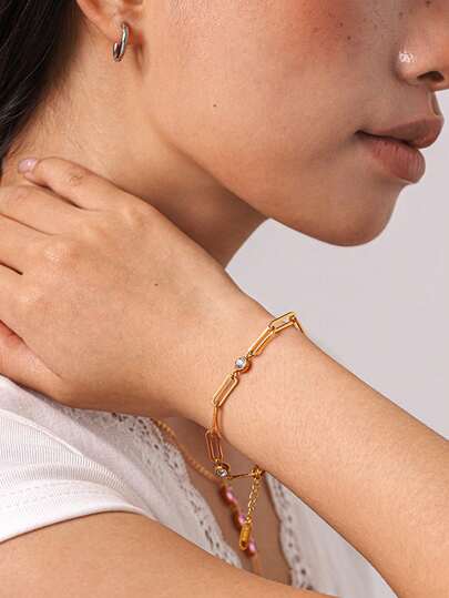 1pc Stainless Steel Minimalist Loop Bracelet For Women, Versatile High-End Rhinestone Heart Bangle, Non-Fading, Suitable For Daily Wear