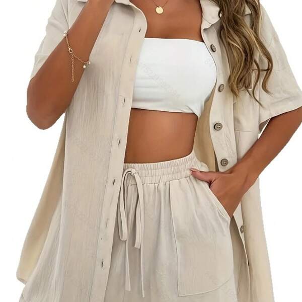 Plus Size Relaxed Two-Piece Set, Chic Short-Sleeve Shirt & Drawstring Shorts Outfit, Comfortable Curvy Vacation/Loungewear Set