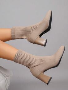 Women's Elastic Knit Sock Boots, Square Toe Chunky Heel Ankle Boots, Slimming Versatile High Heel Ankle Boots For Autumn/Winter, Commute And Daily Wear - Khaki - View 4