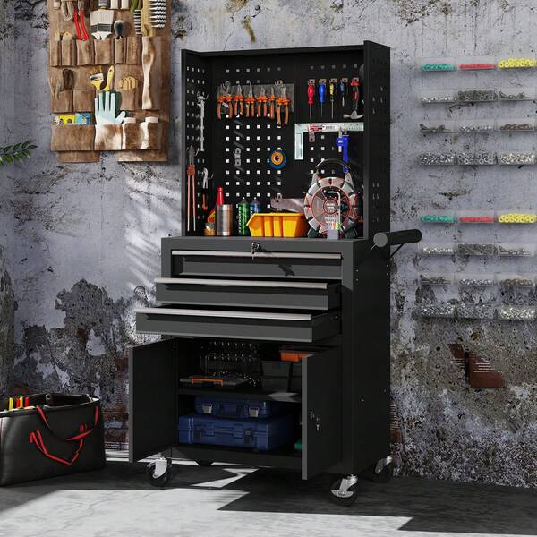 HOMCOM Carrello Porta Attrezzi in Acciaio con Serrature, Carrello Portautensili da Officina con Piano di Lavoro, 3 Cassetti, Armadio, Pannelli Forati, Ruote, Maniglia, Capacità 80kg, Nero