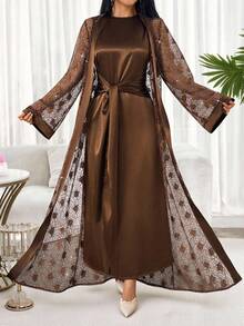 Women's Elegant Floral Lace Sheer Maxi Robe, Vacation Style - Brown - View 1