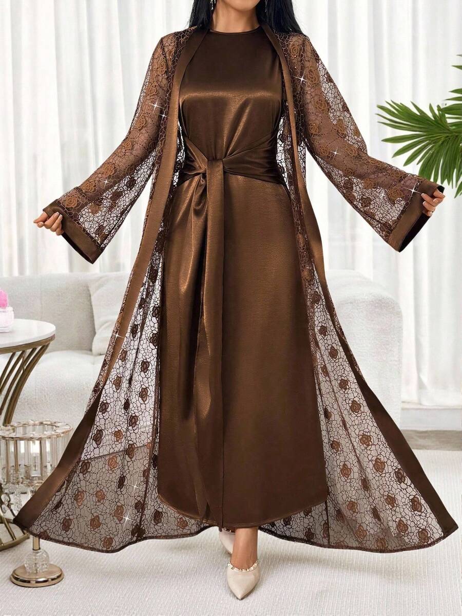 Women's Elegant Floral Lace Sheer Maxi Robe, Vacation Style - Brown - View 1