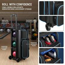 Triple Ball Rolling Tote 31.5" X 12.5" X 16.5" For Bowling Alley Tournament Practice Separate Shoe Compartment Retractable Handle Oversized Accessory Pocket Padded Divider Wheels Heavy Duty Polyester Construction-XY171085 - Multicolor - View 2