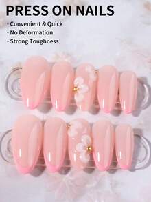 24片長杏仁形3D凝膠美甲貼片，花卉設計與珍珠裝飾，法式美甲風格中長假指甲套組，含1片果凍貼片與1個指甲锉 - 淺粉色 - 查看 2