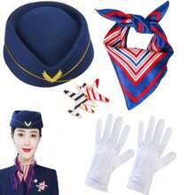 1件/5件組 空服員服裝套裝，含空服員帽子、徽章、圍巾、手套，適合萬聖節角色扮演、服裝派對、主題派對、單身女派對及其他派對場合，女款服裝套裝 - 彩色 - 查看 3