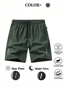 Pantalones cortos deportivos casuales holgados de alto rendimiento para hombre, de secado rápido, unicolor, con diseño de franja reflectante, bolsillos, cremallera y cordón en la cintura - Verde Oscuro - Ver 4