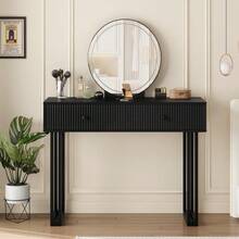 Escritorio moderno de vanidad led con espejo iluminado, mesa de vanidad de maquillaje de iluminación de 3 colores ajustable con 2 cajones de almacenamiento, mesa de vestidor de marco de metal resisten - Negro - Ver 3