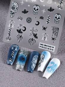 2pcs Gothic Sugar Skull Halloween Nail Stickers, Self-Adhesive Nail Decals With Day Of The Dead Floral Skull Bat Spider Web Crescent Moon Star Pattern, Dark Vintage Horror Nail Art Stickers For Halloween Salon DIY Manicure Press On Nails Decoration - Black and White - View 4