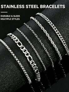 6pcs Minimalist Stainless Steel Chain Bracelet Set, Unisex Non-Fading Stackable Cuban Chain, Suitable For Daily Wear, Music Festival, Party, Vacation Outfit Accessory, Holiday Gift (Note Size: 20+5cm/7.87+1.97in) - Silver - View 10