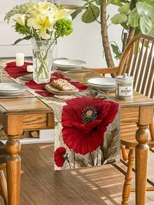 1pc Rich Red Poppy Oil Painting Style Printed Table Runner, Spring/Summer New Impressionist Art Style Polyester Printed Tablecloth, Original Design, Exquisite And Vibrant Colors, Rectangular - Red - View 5