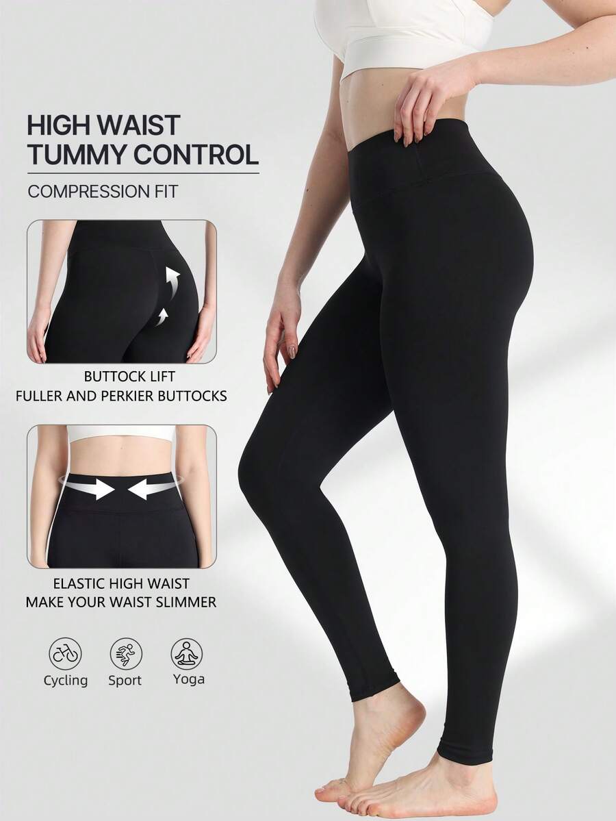 Spring Summer Autumn Solid Color Women's Tight Leggings, Running Workout Sports Long Pants, Home Casual Long Pants Black - Black - View 1