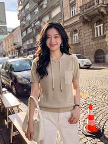 Light Apricot Hooded Drawstring Ribbed Knit Top, Young Women's Casual Short Sleeve Blouse, Raglan Sleeve Design Slimming Fit Summer - Khaki - View 1