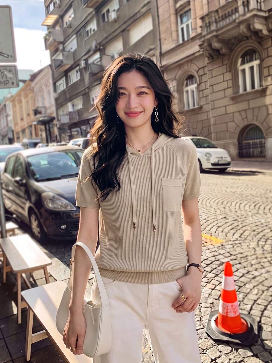 Light Apricot Hooded Drawstring Ribbed Knit Top, Young Women's Casual Short Sleeve Blouse, Raglan Sleeve Design Slimming Fit Summer - Khaki - View 1