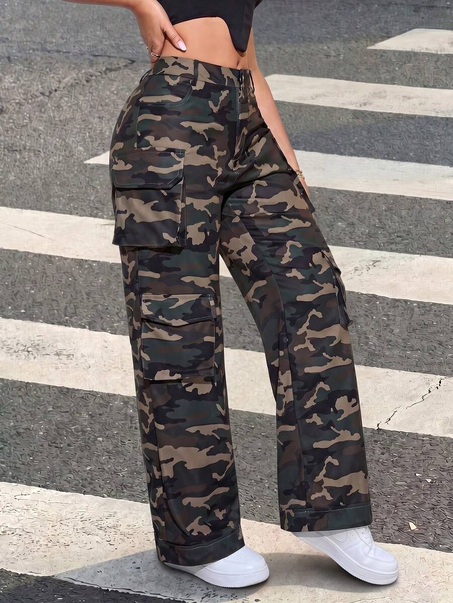 Camo Print Flap Pocket Cargo Pants Casual Spring - Army Green - View 1