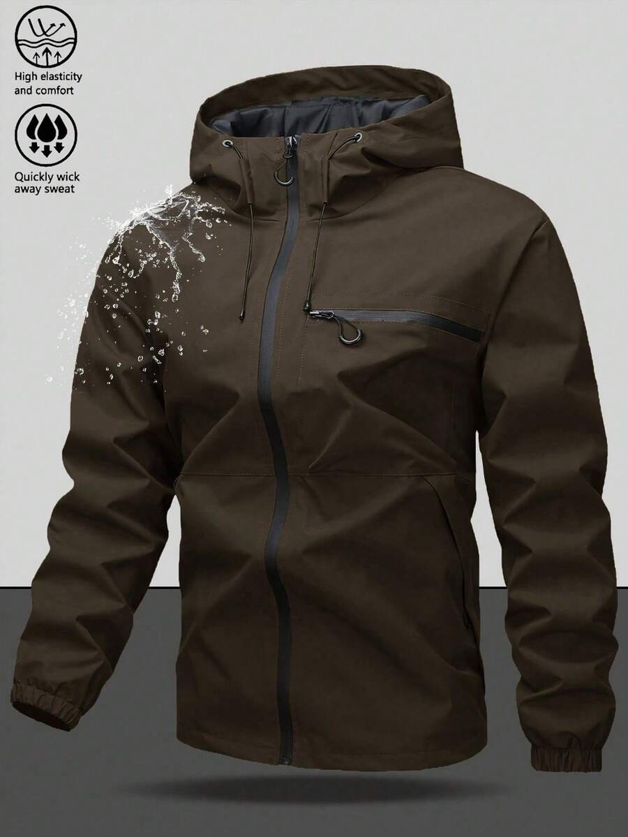 Men's Hooded Drawstring Softshell Windbreaker Jacket, Sports Casual, Large Chest Pocket With Zipper, Dual Side Pockets With Zipper, Storage, Suitable For Daily Wear, Versatile Bestseller Jacket