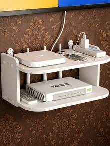 No-Drill Wall-Mounted WiFi Router Modem Double-Layer Floating Storage Rack, Heat Dissipation Ventilated Wall Storage Shelf, Suitable For Bedroom And Living Room, Heavy-Duty Cable Management Rack, Compatible With Router, Projector, Streaming Box, Dual Installation Kit TV Top Device Storage Tray - Wall-mounted - View 5
