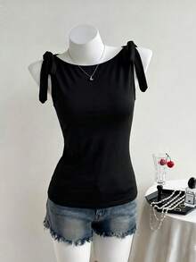 AITYI Studio Women's Black Camisole, Tie Shoulder Sleeve, Regular Length - Black - View 4
