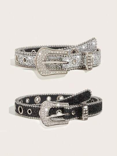 2pcs/Set Women's Rhinestone Leather Belt, Ins Style Thin Waist Belt, Decorative European And American Fashion Personalized Sequin Jeans Belt, Versatile Design