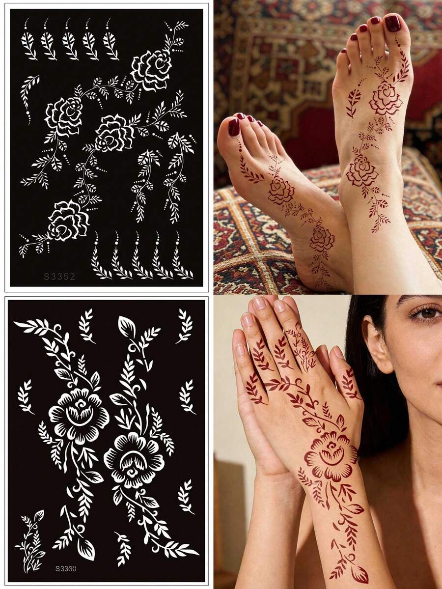 Tiebeauty 2件組可重複使用花卉海娜紋身模板套裝,玫瑰藤蔓 Mehndi 模板,適用於手臂、手部與全身彩繪,適合日常、節慶與身體藝術 - 黑色 - 查看 1
