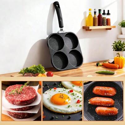 4-Hole Frying Pan With Wooden Handle, Non-Stick Pan For Eggs, Household Breakfast Pan For Frying Eggs, Dumplings, And Pancakes, Multifunctional Pan For Making Burger Patties And Shrimp Cakes, Perfect Quick Tool For Breakfast Lovers And Home Kitchens