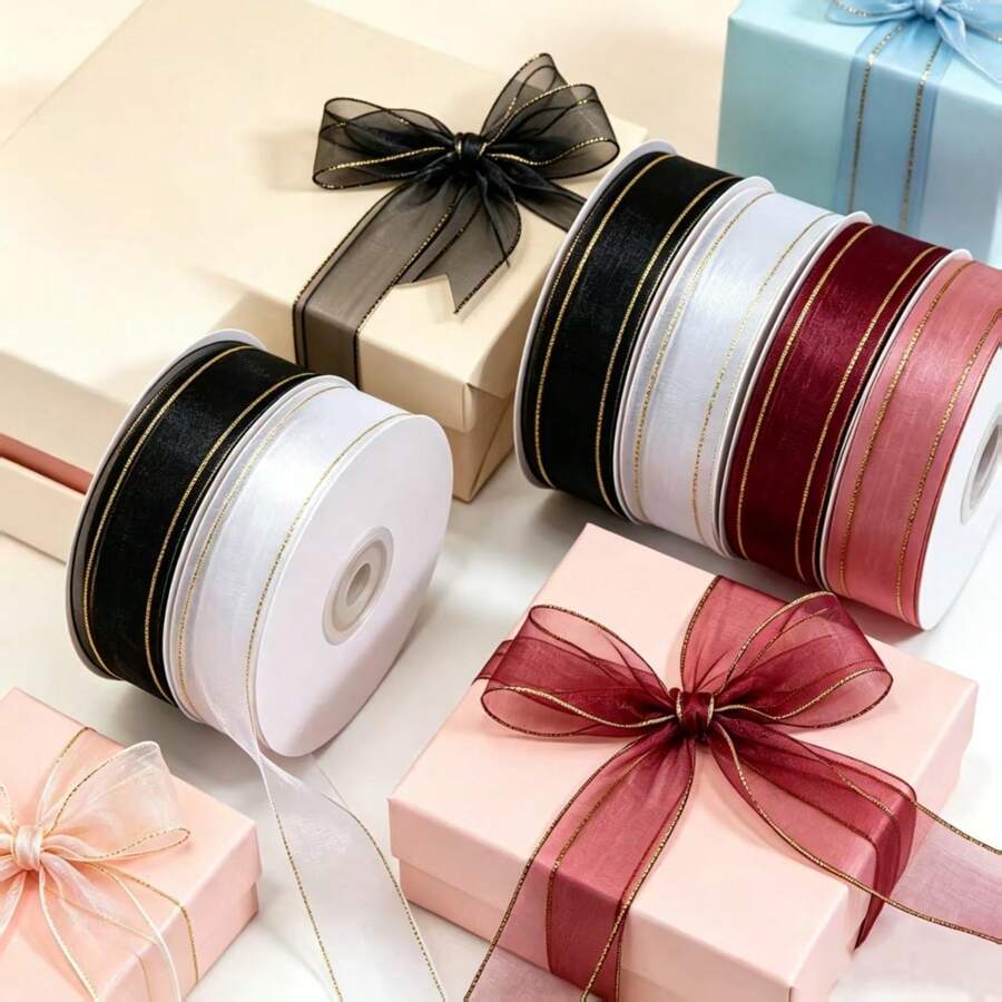 Pita Organza Tepi Emas 50mm/10mm, Pita Transparan, Pita Kemasan Kotak Hadiah Buatan Tangan DIY, Pita Busur untuk Pakaian, Aksesoris Hiasan Kepala, Pita Dekoratif, Pita Kemasan Bunga Hadiah DIY, Pita Dekoratif untuk Pernikahan, Pita Buket Perayaan Pernikahan, Cocok untuk Berbagai Festival, Pesta Ulang Tahun, Dekorasi Latar Belakang Hadiah Pernikahan - Berbagai warna (2,5 cm x 10 ukuran) - View 1