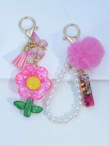 1pc Resin Starry Sky Epoxy Letter Keychain With Black Fur Ball Tassel Decor, Heart Pendant Gift For Friend And Mom - Hot Pink - View 14