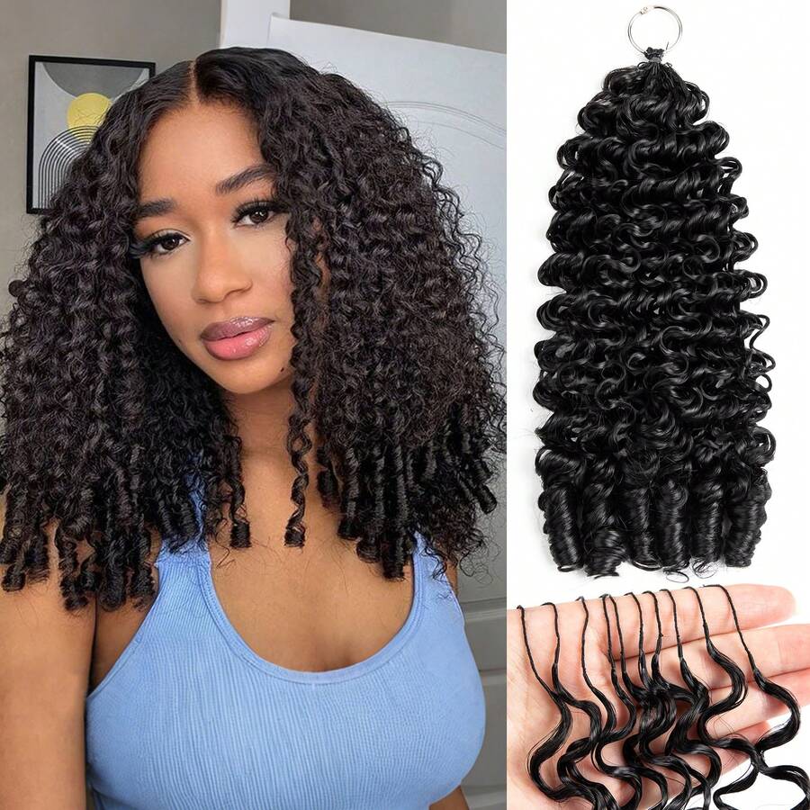 18 Inch 50g Pre-Separated Feather Crochet Braids Natural Black Wet Wavy Invisible Crochet Hair Bundle Set - Black - View 1