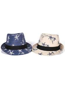 1pc Palm Tree Print Straw Fedora Hat With Black Ribbon, Breathable Short Brim Beach Sun Hat, Unisex, Suitable For Summer Travel, Vacation, Party - A - View 8