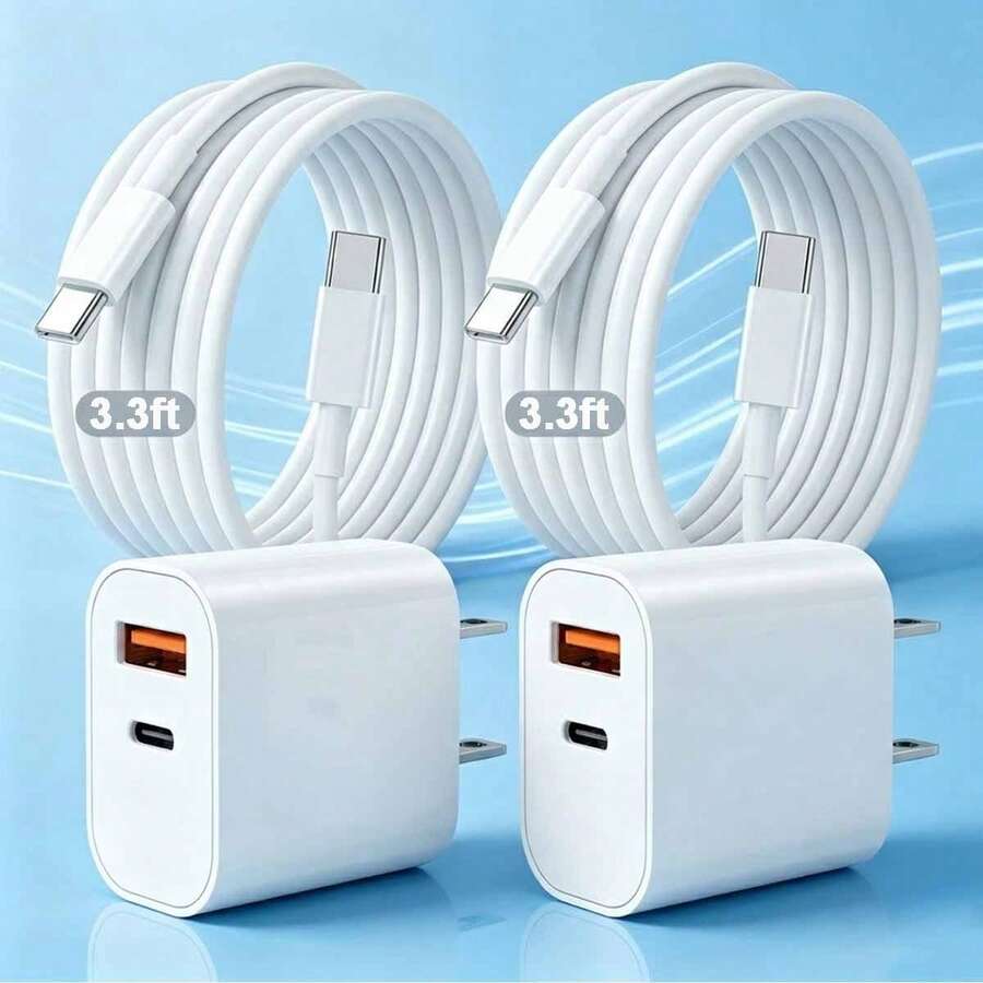 1/2 Set Adaptor Pengisian Cepat Standar AS 20W, Pengisi Daya Dinding USB A+C Dual Port, Blok Pengisian Daya Tahan Lama dengan Kabel Data Pengisian Daya Sepanjang 3,3 Kaki/100 cm Tipe-C ke Tipe-C, Kabel USB-C Kompatibel dengan Set Pengisian Daya 17/16/15 Pro Max Plus