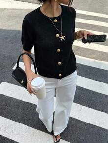 1 buah Cardigan Sweater Lengan Pendek Warna Polos dengan Kancing Logam untuk Wanita, Sweater Rajut Kasual Serbaguna Warna Hitam - Hitam - View 10