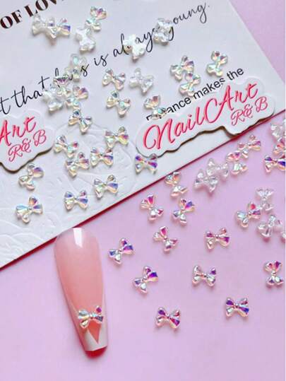50pcs Y2K Dreamy Iridescent AB Bow Nail Charms, Aurora Rainbow Shiny Transparent 3D Resin Bowknot Nail Decorations, Sweet Girly Mini Ribbon Bow Ornaments For DIY Nail Art Manicure Supplies