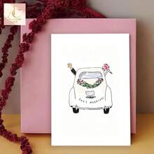 This Sweet Just Married Wedding Greeting Card Displays Hand Drawn Newlywed Getaway Car Decorated With Flower Wreath, Thick Premium Paper With Blank Inside For Writing Warm Personal Messages, - One Size Fits All - View 6