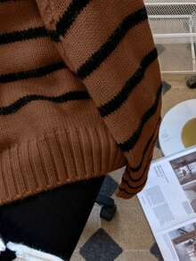 Women's Fall Striped Colorblock Collared Knit Pullover Sweater - Mocha Brown - View 3