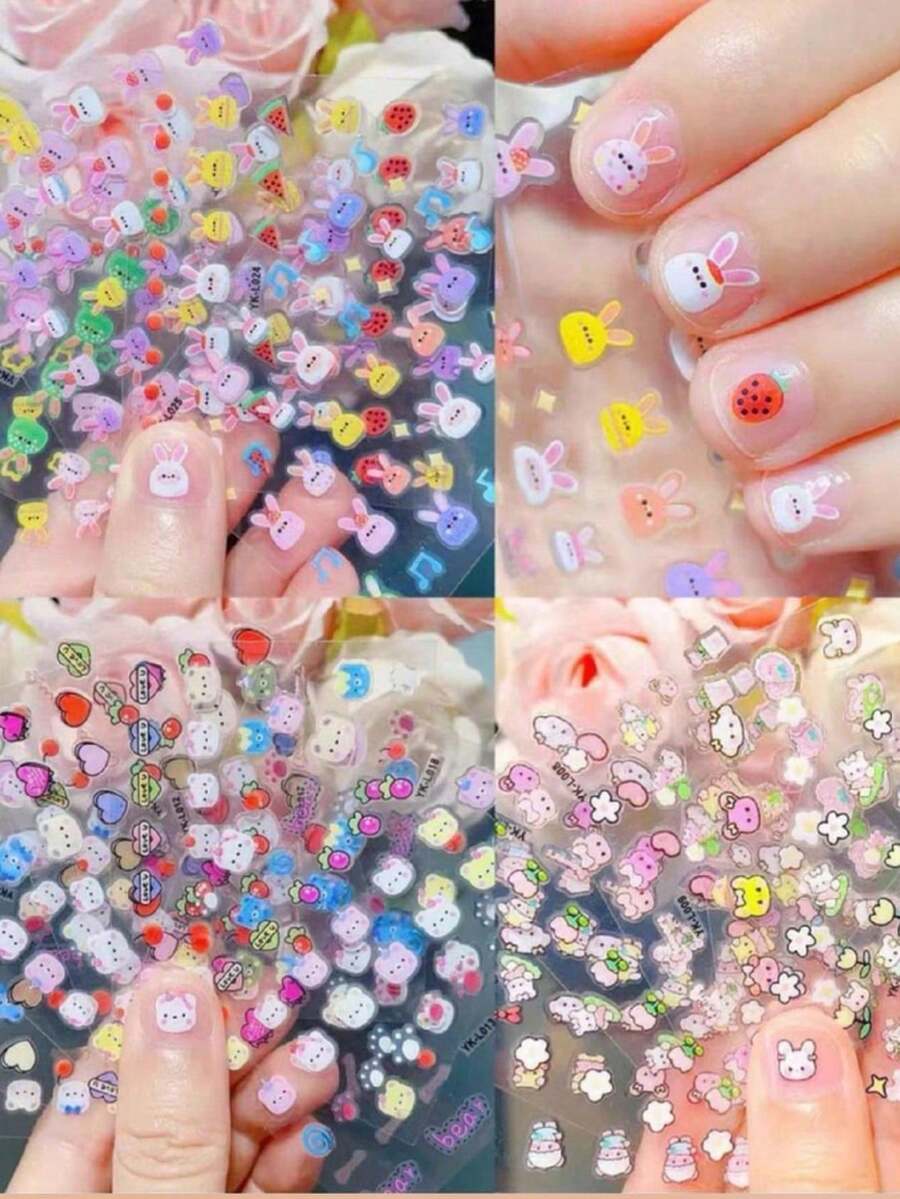 10pcs Cute Cartoon Nail Stickers, DIY Princess Waterproof Nail Stickers, Cute Rabbit, Animal, Flower, Star, Moon... And More Cat Heart Flower Nail Stickers, Multiple Styles, Randomly Sent, Not Fixed Style, Back To School/Halloween/Christmas Essential - Multiple Styles - View 1