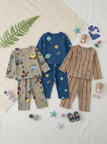3 Sets Baby Boy Long Sleeve Pajamas Long Pants Set, Cartoon Excavator Dinosaur Pattern Home Wear - Multicolor - View 1