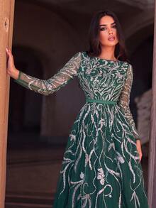 Faeriesty Women's Elegant Green Sequin Long Sleeve Boat Neck Flared Long Formal Evening Gown For Party & Romantic Events Wedding - Dark Green - View 4