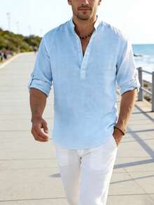 Men's Cotton Linen Long-Sleeved Shirt - Blue - View 9