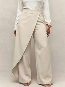 IGKEEL Spring Summer Autumn Women's Long Pants, Solid Color Single Leg Diagonal Double Layer Wide Leg Slimming Elegant Commute Business Long Pants, Suitable For Commute/Business/Office, Female Teacher Clothing - Rice - View 6
