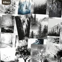 49PCS Retro Atmospheric Ink Wash Stickers, Vintage Monochrome Forest & Mystical Nature Aesthetic Cutout Sticker Set For Journals, Scrapbook, Planner & Creative Collage - Stamp - View 9