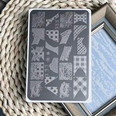 1pc Black & White Plaid Distressed Lace Nail Art Steel Plate, Plaid Ribbon Bow Transfer Template, Frayed Fabric Hollow Print Steel Sheet, Summer Nude Sheer Long Almond Press-On Nails, Korean Retro Sweet Cool Nail Style, Ins Y2K Plaid Viral Nail Art, Full Plaid Lace Ribbon Bow Multi-Fabric Pattern, Clear Lines Complete Transfer Without Breaking, Thin & Flat Easy To Store, Suitable For Nail DIY Enthusiasts, Can Be Used As Holiday Gift